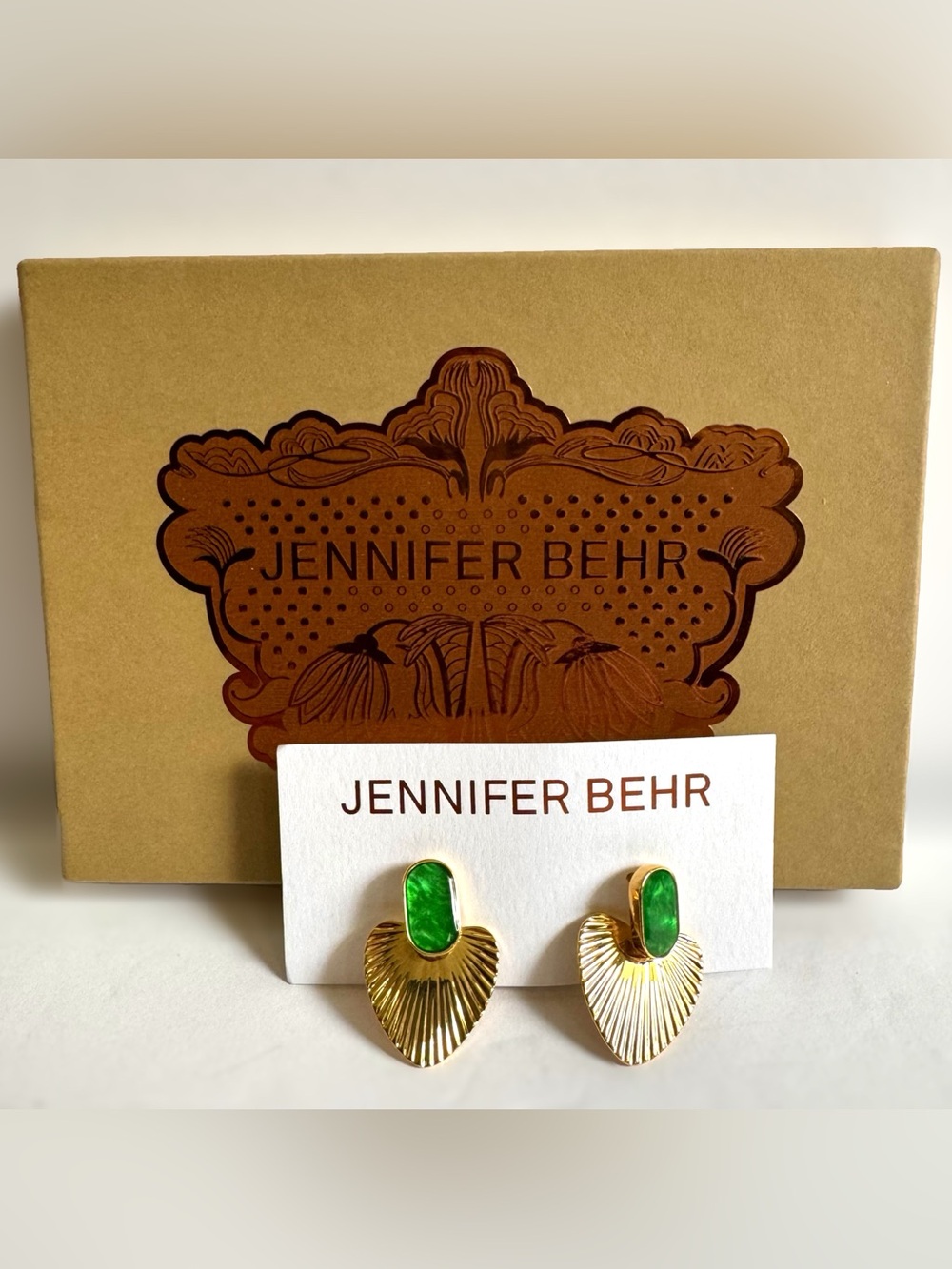Jennifer Behr Gold Tone Green Enamel Earrings Fan Shell 925 Posts New in Box